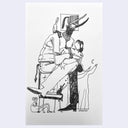 Ink drawing on cream colored paper of a person with a devil's head, sitting on top of a chair rather than in the chair, with their legs crossed.