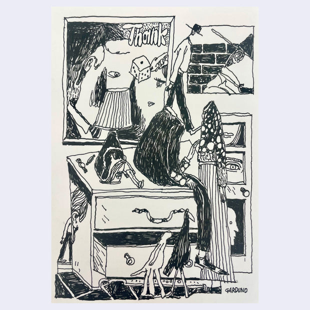 Ink drawing on cream colored paper of people sitting on an open drawer, dressed nicely though neither have heads.