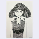 Ink drawing on cream colored paper of a woman with wide eyes, looking at the viewer. She wears a fitted dress and birds, a small horse and a small person walk along her shoulders like a path.