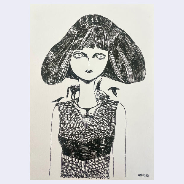 Ink drawing on cream colored paper of a woman with wide eyes, looking at the viewer. She wears a fitted dress and birds, a small horse and a small person walk along her shoulders like a path.