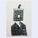 Ink drawing on cream colored paper of a person wearing a suit, but in place of where their head should be is a brick wall with 1 brick missing. A crow sits on top of the wall.