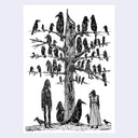 Black and white illustration of a tree with many birds on it, sitting on the barren branches. On the ground are more birds and 2 people with bird heads.