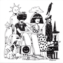 A black and white whimsical illustration featuring multiple stylized human figures, animals, a sun, a cloud, and a bird, signed GARDUNO near the bottom right.