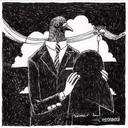 Black and white hand-drawn illustration, showing a pigeon-headed man in a suit holding a dark pigeon-shaped over-the-head mask, with clouds and a utility pole in the background.
