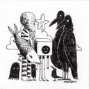 Black and white hand-drawn illustration featuring a fish, two crows, a small bird, a starfish, and a box-like figure with a sad face, rendered in a whimsical sketch style.