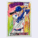 A hand-drawn colored pencil style illustration of baseball player Freddie Freeman in a Dodgers uniform, with the word 'DODGERS' at the top and 'FREDDIE FREEMAN' at the bottom, shown on a light gray background.