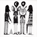Black and white surreal illustration featuring four stylized human-like figures with animal or object heads: a bird, a rabbit, an owl, and a duck, each wearing suits or striped clothing, with a crescent moon and star above them on a white background.