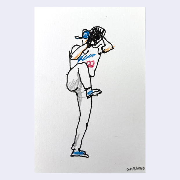 Sketch illustration of a baseball player, winding up for a pitch.