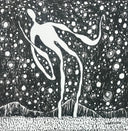 Black and white ink illustration of a very tall white silhouette with wiggly arms and legs, standing in an open field under a very starry sky.