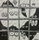 A black and white ink illustration of several monsters, only their eyes visible, each peeking through window pane. 
