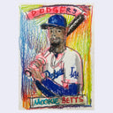 A colorful crayon-style drawing of baseball player Mookie Betts in a Los Angeles Dodgers uniform, holding a bat, with 'DODGERS' at the top and 'MOOKIE BETTS' at the bottom, shown on a light gray background.
