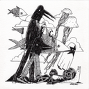 Black and white surreal line art illustration featuring a bird-like figure in a suit, oversized fish, jellyfish, a ghost, and a snail on a white background.