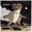 A whimsical illustrated scene showing a large bipedal dinosaur standing in a dark night sky with a moon, clouds, mountains, and a smaller bird-like creature near a small fire. The artwork is rendered in black ink with warm beige, brown, and muted blue-gray fills.