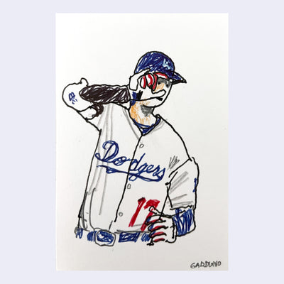 Marker illustration of Shohei Ohtani, posing with his hand over his face.