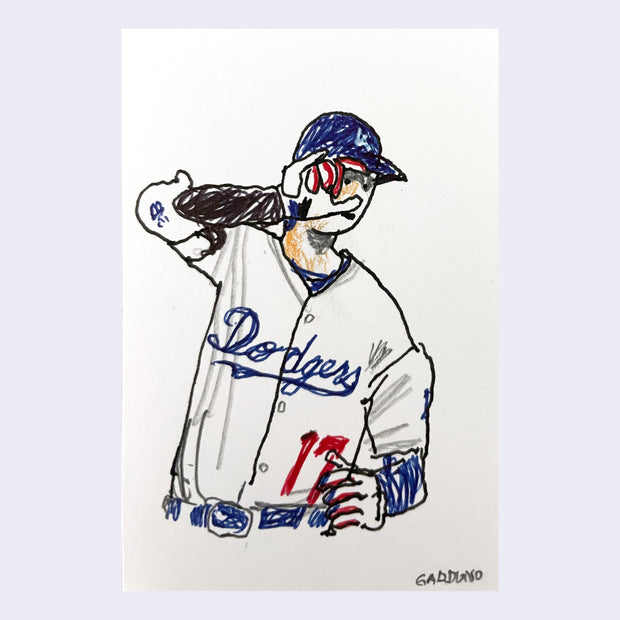 Marker illustration of Shohei Ohtani, posing with his hand over his face.