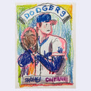 A hand-drawn Dodgers baseball card featuring Shohei Ohtani, rendered in colored pencil or crayon style with blue, pink, green, yellow, and brown colors on textured paper.