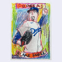 A colorful crayon-style drawing of a baseball player in a Los Angeles Dodgers uniform with the name Blake Snell at the bottom, shown on a light gray background.