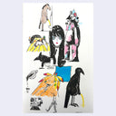 Marker illustration of several sketches on one paper, including various fantasy characters, real people's portraits and animals using the bathroom.