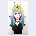 Sketch of a woman, seen from the chest up, looking straight on. She has yellow to blue ombre hair and alien antennae.