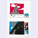 Thumbnail sketches on white paper, of rocky landscapes and a person pushing a boulder up a hill. Coloring is only red and blue.