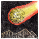 Drawing of a large, yellow meteor hurtling down to a mountainous landscape, with a red and yellow flaming path. Sky is all black.