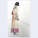 Ink and watercolor illustration of a woman wearing a long brown coat and holding a closed umbrella, faced away from the viewer.