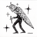 Black and white hand-drawn illustration of a person with owl-like head and large wings, holding a dagger, with starburst shapes on a white background. Signed 'GARDUNO' in the lower right.