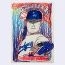 A hand-drawn colored pencil and crayon style poster of baseball player Yoshinobu Yamamoto, styled like a vintage Los Angeles Dodgers trading card with 'Dodgers' text and team colors.