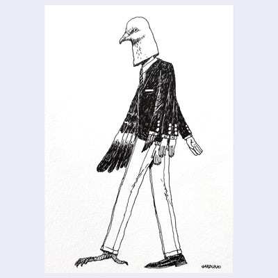 Doodle of a pigeon in a suit on a white background