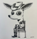 A black and white ink illustration of a chihuahua dressed as a cowboy, sitting on a chair and holding a guitar. The artist's signature 'GARDUNO' is visible in the bottom right corner.