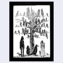 Framed black and white illustration of a tree with many birds on it, sitting on the barren branches. On the ground are more birds and 2 people with bird heads.