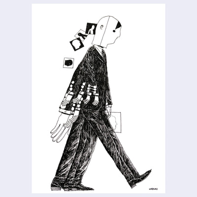 Black and white ink illustration of a person walking, with pictures falling out the back of his head. He has many arms and legs, as if captured in motion.