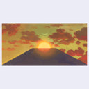 Painting based on a film still from 2001: A Space Odyssey of sunrise coming up over a flat topped pyramid shaped structure.