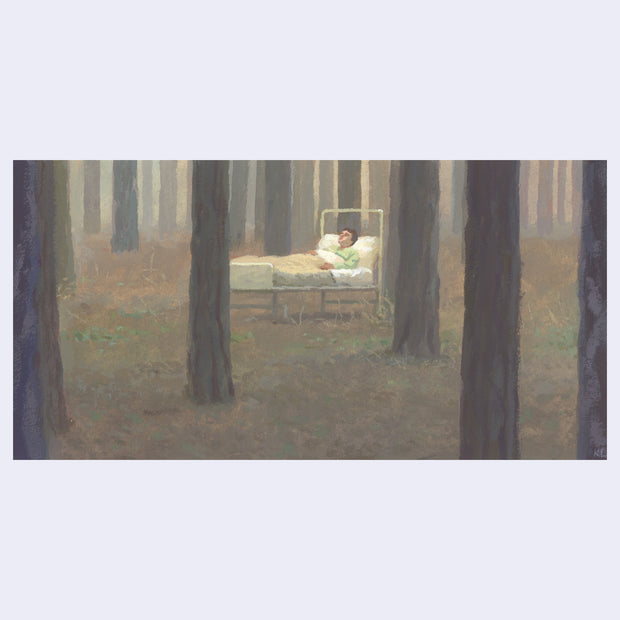 Painting based on a film still from American Werewolf in London of a boy lying in a hospital bed in the middle of a brown forest.