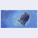 Painting based on a film still from Eternal Sunshine of the Spotless Mind of the 2 main characters laying on the icy ground dressed in winter apparel .