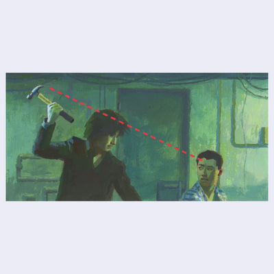 Painting based on a film still from Old Boy of a man holding up the back of a hammer to someone who sits in front, a red dotted line is drawn from the hammer to the sitting man's forehead.