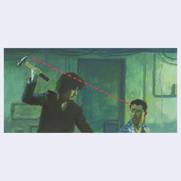 Painting based on a film still from Old Boy of a man holding up the back of a hammer to someone who sits in front, a red dotted line is drawn from the hammer to the sitting man's forehead.