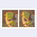 Diptych on white paper of 2 screen shots from Shrek, with Shrek holding a dagger he was stabbed with, looking dismayed in the first image and sly in the second.