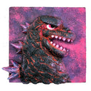 Kaiju head sculpture with red eyes and open mouth on a pink and black background. The sculpture is slightly 3D coming off of a flat panel.