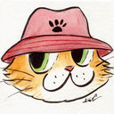 Cartoon style illustration of an orange cat wearing a red bucket hat.