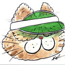 Illustration of a fluffy orange cat head wearing a green visor.