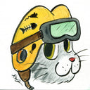Illustration of a gray cartoon cat wearing a yellow motorcycle helmet. 
