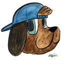 Illustration of a cartoon style dog wearing a backwards blue cap.