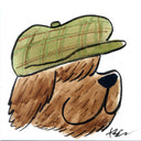 Illustration of a fluffy cartoon dog wearing a stylish green wool hat.