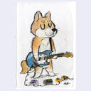 Cartoon dog playing a blue electric guitar on a white background