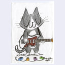 Cartoon cat playing a guitar with colorful pedals on a white background