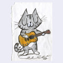 Cartoon cat playing a guitar on a white background