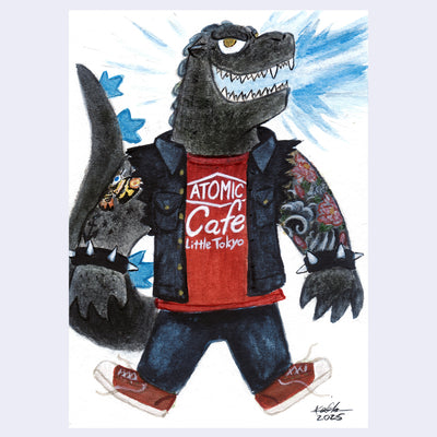 Cartoon Godzilaa character wearing a red shirt with 'Atomic Cafe Little Tokyo' text, a ripped vest, spiked wrist cuffs and tattooed arms.