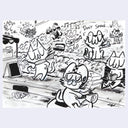 Black ink illustration of many cartoon cats, doing various activities in a busy setting - such as playing instruments, riding a bike, sitting on a bench.
