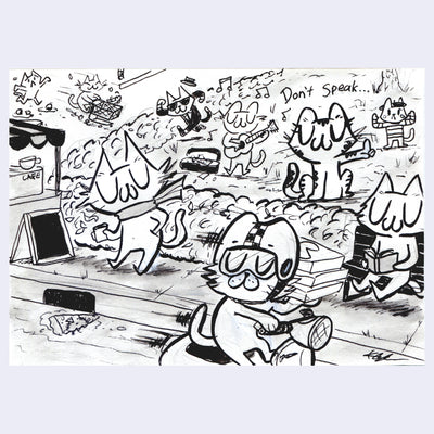 Black ink illustration of many cartoon cats, doing various activities in a busy setting - such as playing instruments, riding a bike, sitting on a bench.
